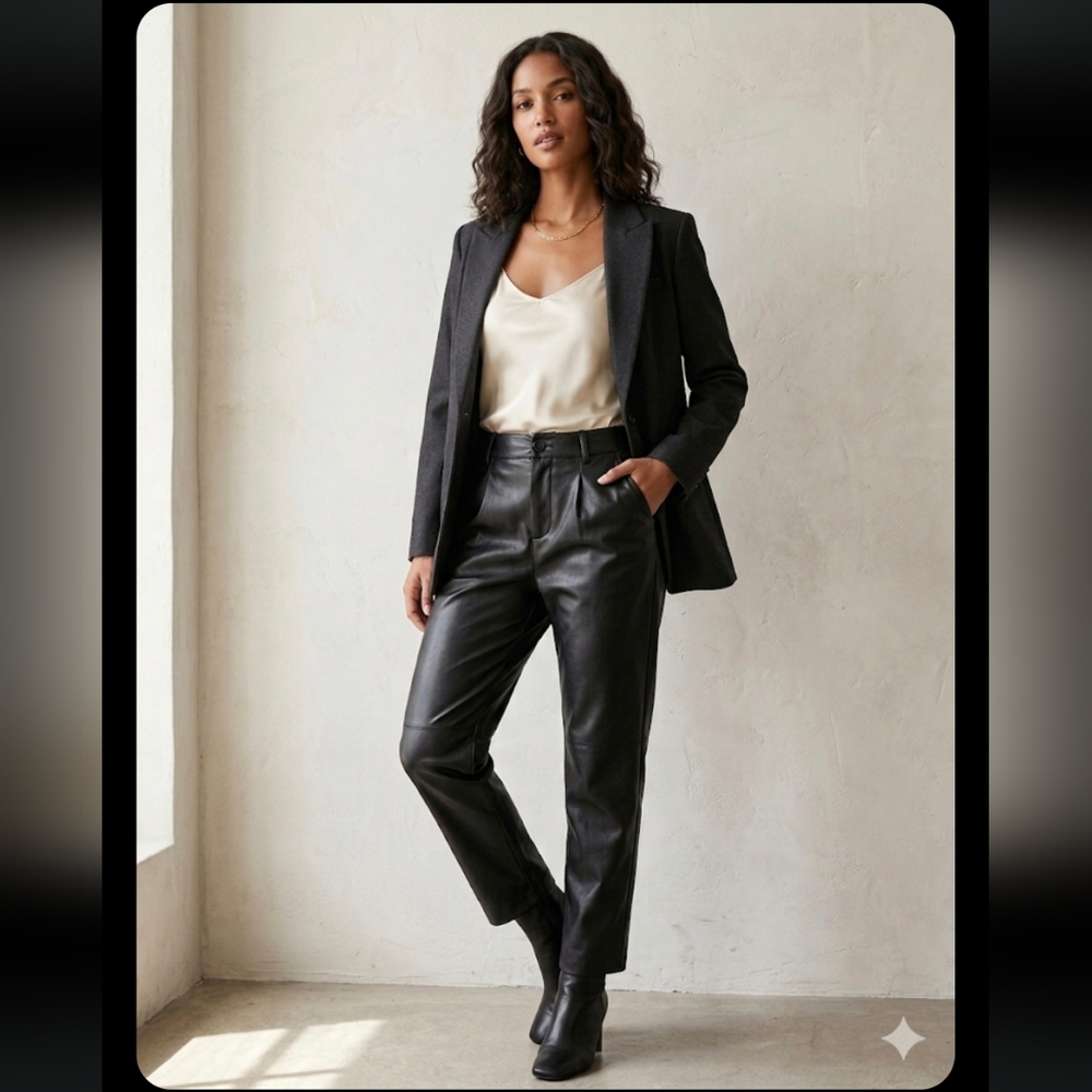 Leather Look High-Rise Straight Leg Pants - Black
